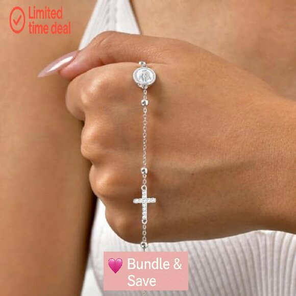 Sterling Silver Cross Charm Bracelet Adjustable Dainty Christian Gift - Picture 4 of 8